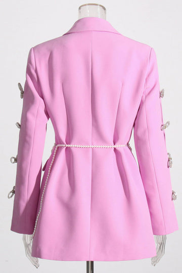 Pink Peak Lapel Chain Women Blazer with Beading